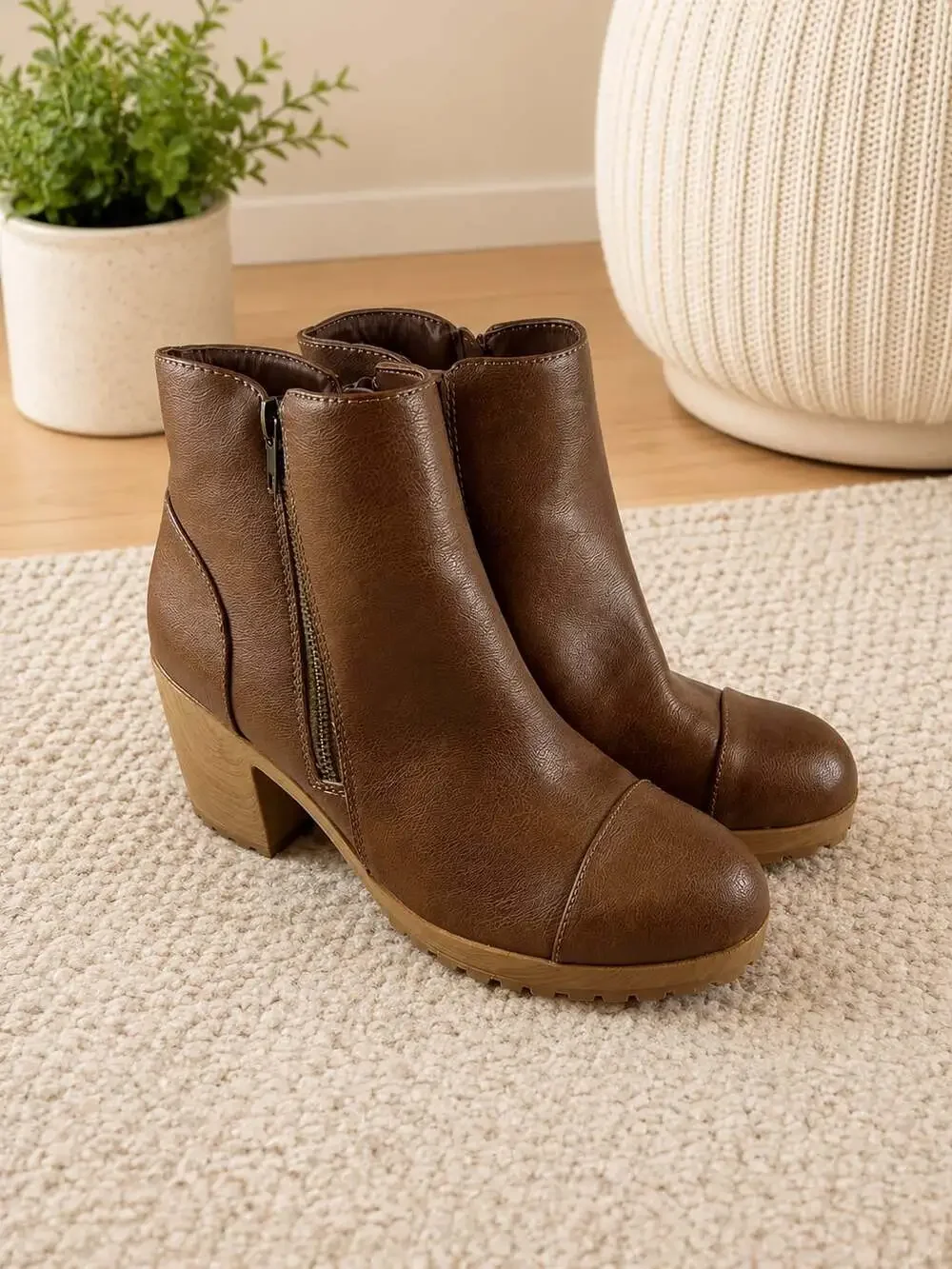 Sun + Stone Rowaan Brown Platform Ankle Boots Block Heel Zip Womens 7.5 M